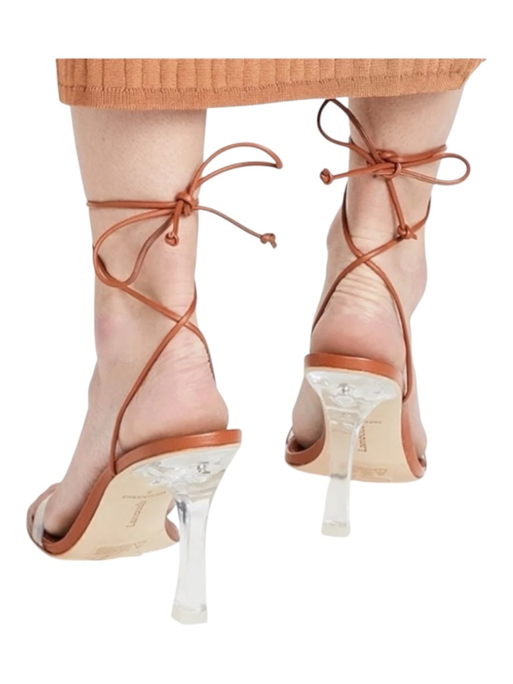 Larroude Leather Gloria Sandal Heels Lace Up Caramel Clear Heel 8.5 NIB New